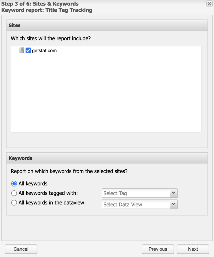 Step 3: Sites and keywords