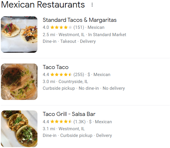 Local pack result for Mexican Restaurants.