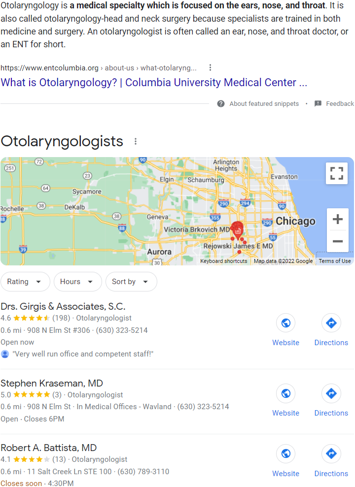 SERP for otolaryngology showing a featured snippet and a local pack.